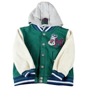 Disney Mickey Mouse Varsity Jacket Kids 3T Green Hooded Letterman Coat